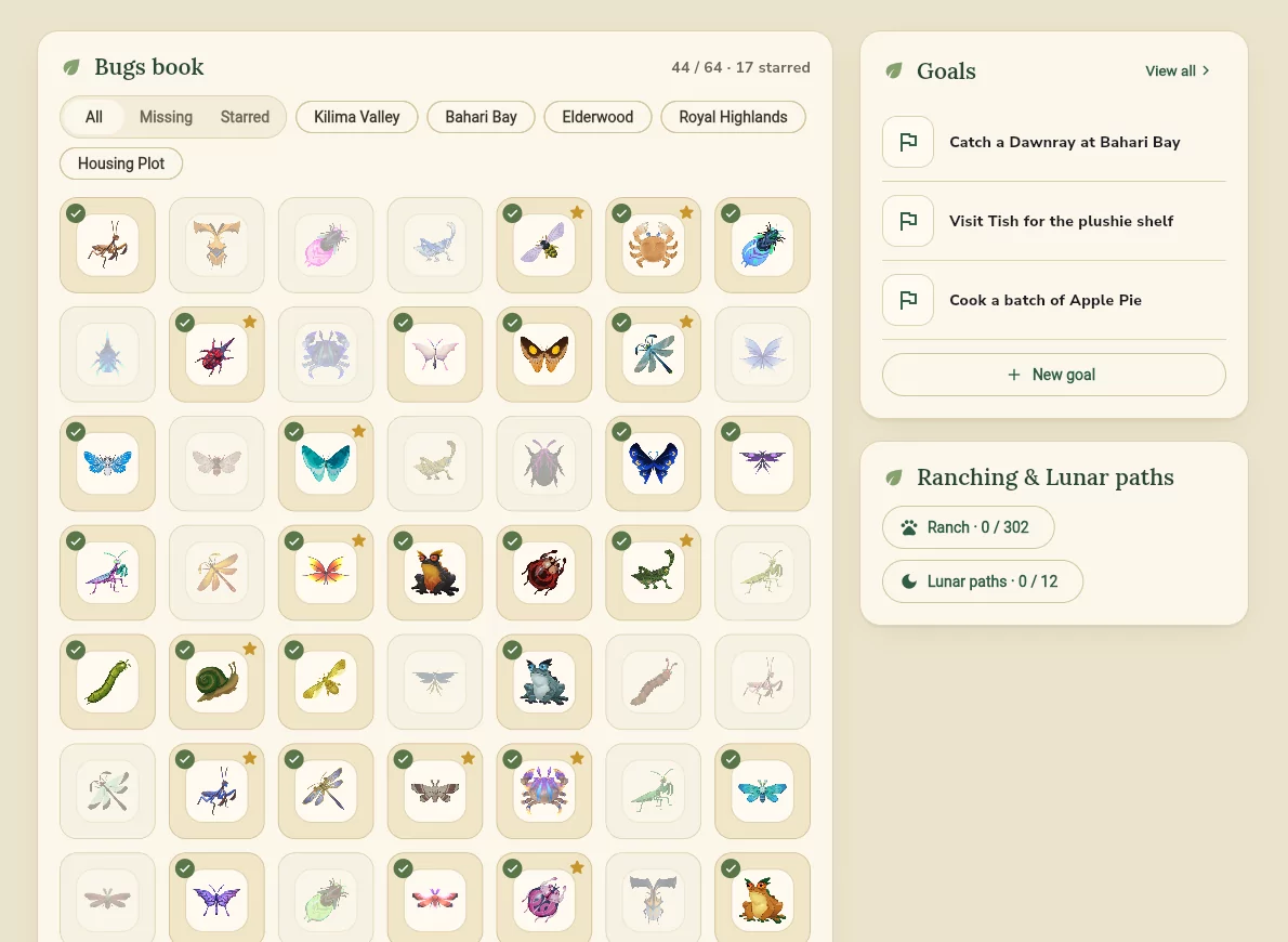 Palia Journal bug reference cards showing game artwork and rarity information