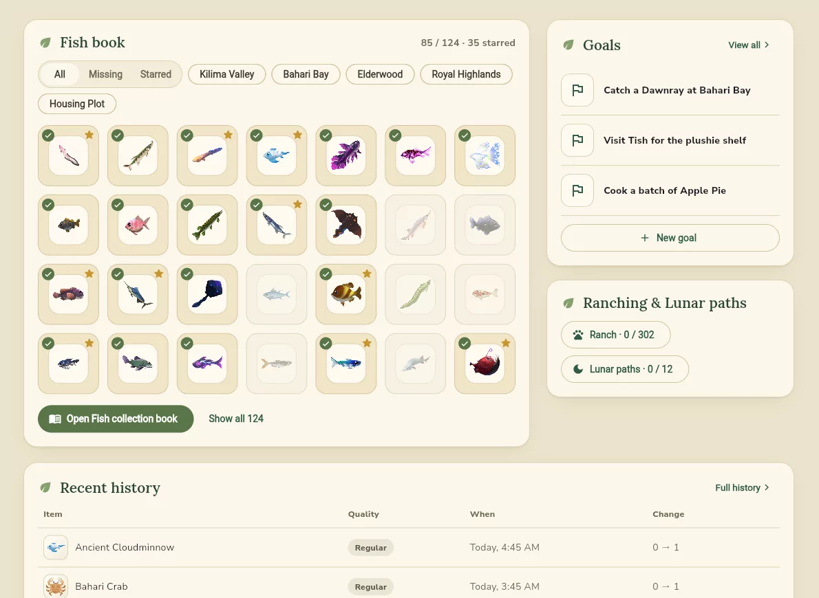 Palia Journal fish reference cards with game artwork and fishing information