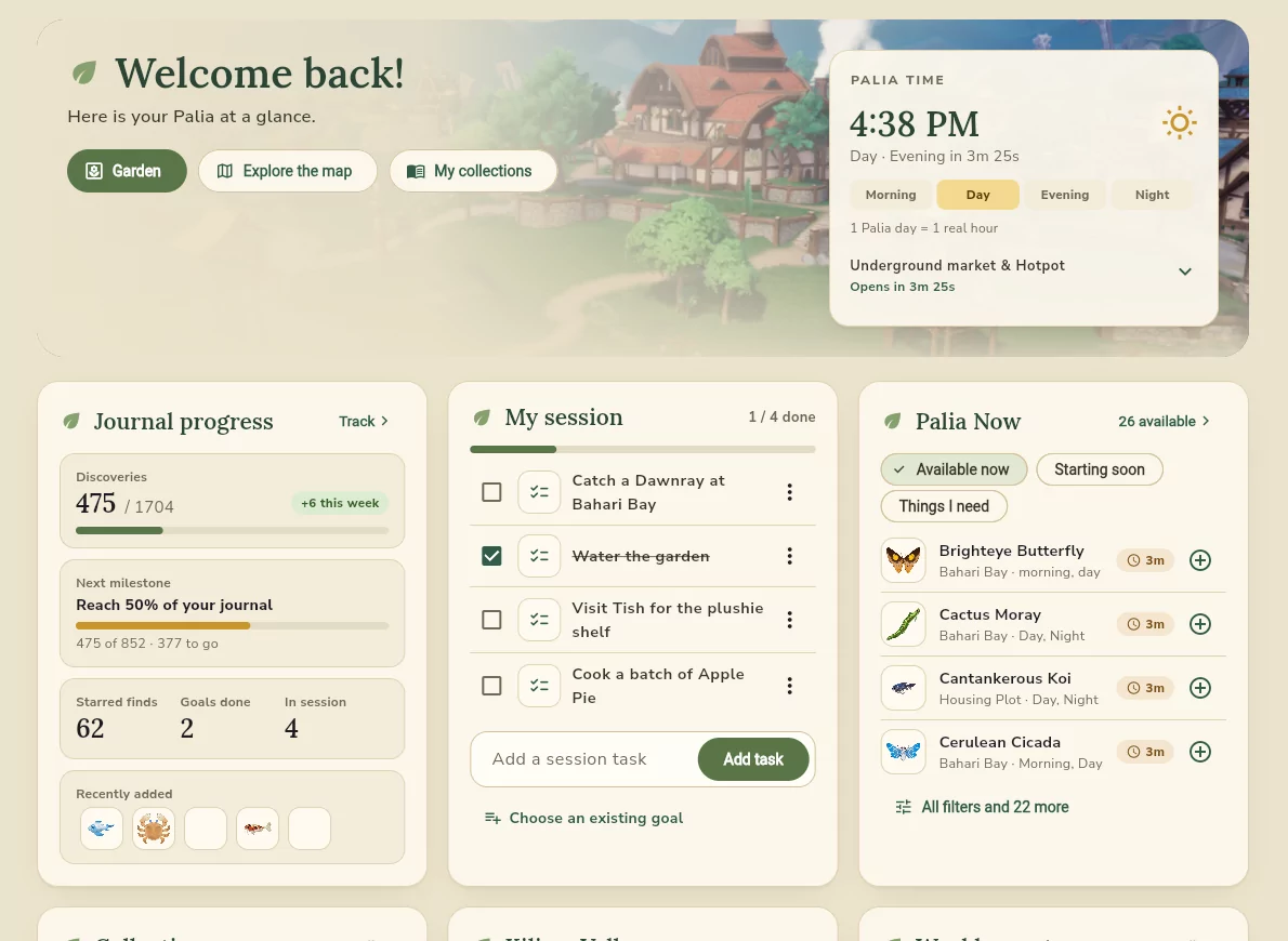 Palia Journal Today page with the game clock, session planner, and collection suggestions
